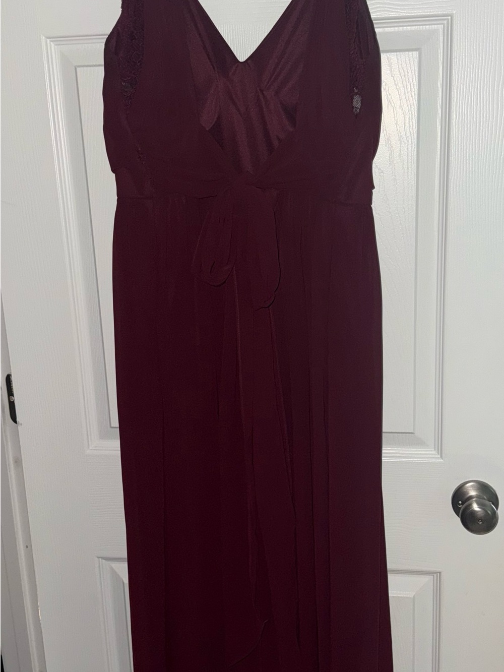 Bill Levkoff Burgundy V-Neck Maxi Dress with Waist Tie